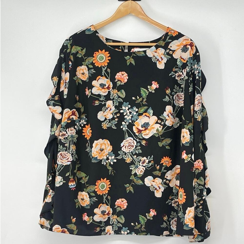 Ava & Viv Dark Floral Top Ruffle Sleeve Cottage Fairy Whimsigoth Flowy Size 3X‎